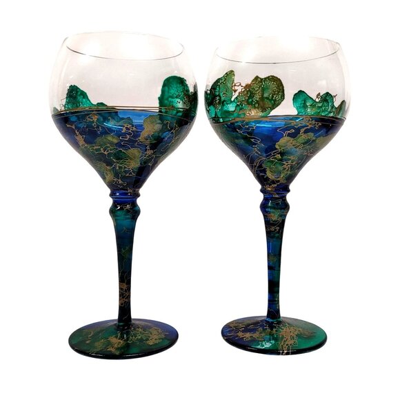 Monarch Crystal Lagoon Set 2 Hand Paint Wine Glasses Blue Green Gold Paint Loss - Picture 1 of 7